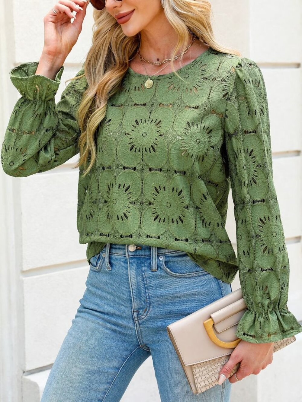 Cupshe Eyelet Crochet Lace Embroidered Blouse Top | Long Sleeve | Size M